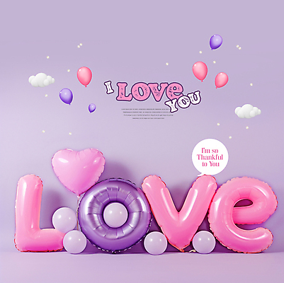 PSD 구름 편집이미지 문자 백그라운드 말풍선 사랑 타이포그라피 사람없음 보라색 하트 감사 꽃가루 풍선 이미지편집 자연요소 모양 감정 컬러 가루 파일형식