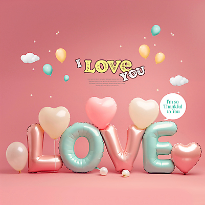 PSD 구름 편집이미지 문자 분홍색 백그라운드 말풍선 사랑 타이포그라피 사람없음 하트 감사 꽃가루 풍선 이미지편집 자연요소 모양 감정 컬러 가루 파일형식