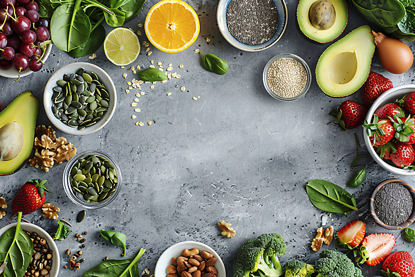 JPG 편집이미지 그릇 채소 오렌지 딸기 프레임 사람없음 블루베리 호두 라임 아몬드 아보카도 호박씨 카피스페이스 슈퍼푸드 편집실사 AI포토 AI콘텐츠 식기 과일 씨앗 공백 견과류 CG 건강식품 파일형식