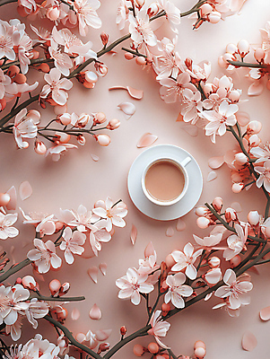 JPG 편집이미지 꽃 분홍색 백그라운드 프레임 사람없음 나뭇가지 화려 커피잔 컵받침 편집실사 AI포토 AI콘텐츠 나무 식물 커피 컬러 컨셉 잔 받침대 CG 파일형식