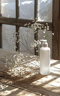 JPG 편집이미지 창문 그림자 사람없음 뷰티 화장품 분위기 안개꽃 공병 편집실사 AI포토 AI콘텐츠 꽃 컨셉 CG 한해살이풀 병_담는 파일형식