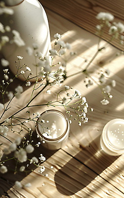 JPG 편집이미지 그림자 사람없음 뷰티 화장품 분위기 크림 안개꽃 공병 편집실사 AI포토 AI콘텐츠 꽃 컨셉 CG 한해살이풀 병_담는 파일형식