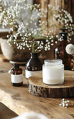 JPG 편집이미지 사람없음 뷰티 화장품 분위기 안개꽃 나무토막 공병 편집실사 AI포토 AI콘텐츠 꽃 컨셉 CG 한해살이풀 병_담는 파일형식