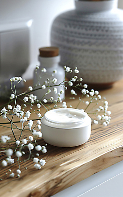 JPG 편집이미지 사람없음 뷰티 화장품 분위기 크림 안개꽃 공병 편집실사 AI포토 AI콘텐츠 꽃 컨셉 CG 한해살이풀 병_담는 파일형식