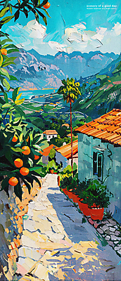 PSD 나무 구름 편집이미지 길 파도 하늘 주택 풍경 해변 사람없음 여름 마을 분위기 지중해 그림 유화 이미지편집 자연요소 식물 계절 바다 컨셉 미술 건물 파일형식