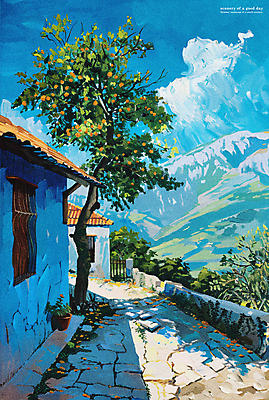 PSD 나무 구름 편집이미지 길 파도 하늘 주택 풍경 해변 사람없음 여름 마을 분위기 지중해 그림 유화 이미지편집 자연요소 식물 계절 바다 컨셉 미술 건물 파일형식