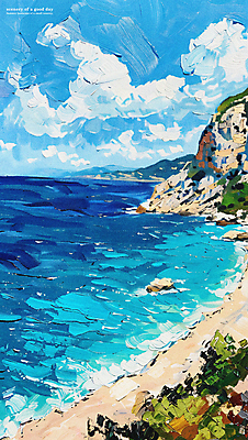 PSD 나무 구름 편집이미지 길 파도 하늘 풍경 해변 사람없음 여름 분위기 지중해 그림 유화 이미지편집 자연요소 식물 계절 바다 컨셉 미술 파일형식