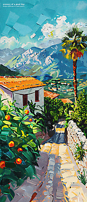 PSD 나무 구름 편집이미지 길 파도 하늘 주택 풍경 해변 사람없음 여름 마을 분위기 지중해 그림 유화 이미지편집 자연요소 식물 계절 바다 컨셉 미술 건물 파일형식