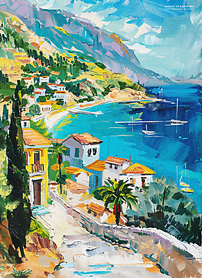 PSD 나무 구름 편집이미지 길 파도 하늘 주택 풍경 해변 사람없음 여름 마을 분위기 지중해 그림 유화 이미지편집 자연요소 식물 계절 바다 컨셉 미술 건물 파일형식