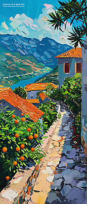 PSD 나무 구름 편집이미지 길 파도 하늘 주택 풍경 해변 사람없음 여름 마을 분위기 지중해 그림 유화 이미지편집 자연요소 식물 계절 바다 컨셉 미술 건물 파일형식