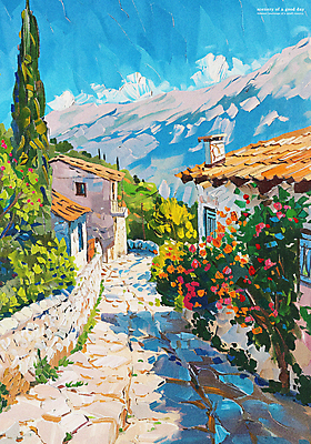 PSD 나무 구름 편집이미지 길 파도 하늘 주택 풍경 해변 사람없음 여름 마을 분위기 지중해 그림 유화 이미지편집 자연요소 식물 계절 바다 컨셉 미술 건물 파일형식