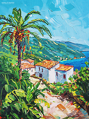 PSD 나무 구름 편집이미지 길 파도 하늘 주택 풍경 해변 사람없음 여름 마을 분위기 지중해 그림 유화 이미지편집 자연요소 식물 계절 바다 컨셉 미술 건물 파일형식