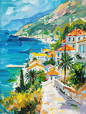 PSD 나무 구름 편집이미지 길 파도 하늘 주택 풍경 해변 사람없음 여름 마을 분위기 지중해 그림 유화 이미지편집 자연요소 식물 계절 바다 컨셉 미술 건물 파일형식