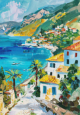 PSD 나무 구름 편집이미지 길 파도 하늘 주택 풍경 해변 사람없음 여름 마을 분위기 지중해 그림 유화 이미지편집 자연요소 식물 계절 바다 컨셉 미술 건물 파일형식