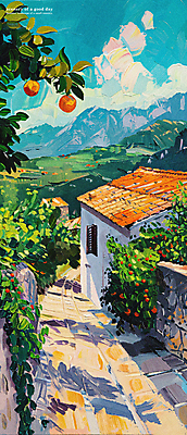 PSD 나무 구름 편집이미지 길 파도 하늘 주택 풍경 해변 사람없음 여름 마을 분위기 지중해 그림 유화 이미지편집 자연요소 식물 계절 바다 컨셉 미술 건물 파일형식