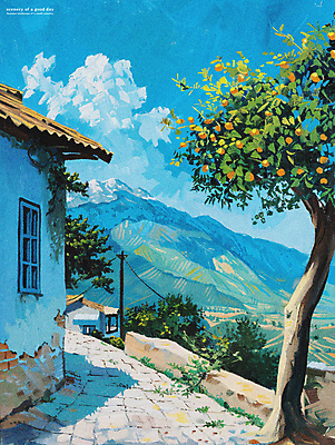 PSD 나무 구름 편집이미지 길 파도 하늘 주택 풍경 해변 사람없음 여름 마을 분위기 지중해 그림 유화 이미지편집 자연요소 식물 계절 바다 컨셉 미술 건물 파일형식