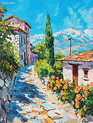 PSD 나무 구름 편집이미지 길 파도 하늘 주택 풍경 해변 사람없음 여름 마을 분위기 지중해 그림 유화 이미지편집 자연요소 식물 계절 바다 컨셉 미술 건물 파일형식