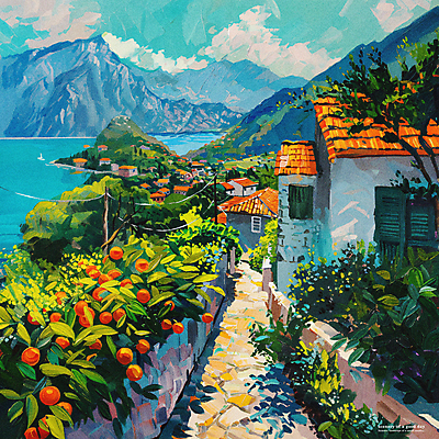 PSD 나무 구름 편집이미지 길 파도 하늘 주택 풍경 해변 사람없음 여름 마을 분위기 지중해 그림 유화 이미지편집 자연요소 식물 계절 바다 컨셉 미술 건물 파일형식