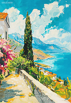 PSD 나무 구름 편집이미지 길 파도 하늘 주택 풍경 해변 사람없음 여름 마을 분위기 지중해 그림 유화 이미지편집 자연요소 식물 계절 바다 컨셉 미술 건물 파일형식