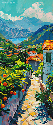 PSD 나무 구름 편집이미지 길 파도 하늘 주택 풍경 해변 사람없음 여름 마을 분위기 지중해 그림 유화 이미지편집 자연요소 식물 계절 바다 컨셉 미술 건물 파일형식