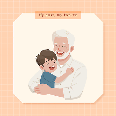 할아버지 노년 남자 행복 어린이 일러스트 가족 포옹 손자 사랑 미소 웃음 소년 상반신 두명 평화 주황색 격자 국내일러스트 AI파일 감정 컬러 컨셉 무늬 관계 안기 표정 사람 성인 손주 파일형식 벡터