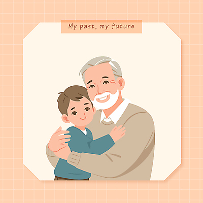할아버지 노년 남자 행복 어린이 일러스트 가족 포옹 손자 사랑 미소 웃음 소년 상반신 두명 평화 주황색 격자 국내일러스트 AI파일 감정 컬러 컨셉 무늬 관계 안기 표정 사람 성인 손주 파일형식 벡터