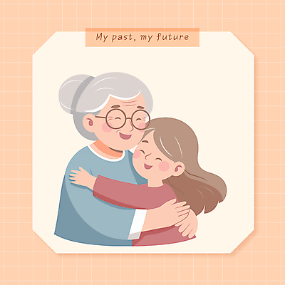 여자 노년 행복 할머니 어린이 일러스트 가족 포옹 손녀 사랑 미소 웃음 소녀 상반신 두명 평화 주황색 격자 안경낌 국내일러스트 AI파일 감정 안경 컬러 컨셉 무늬 관계 안기 표정 사람 성인 손주 파일형식 벡터
