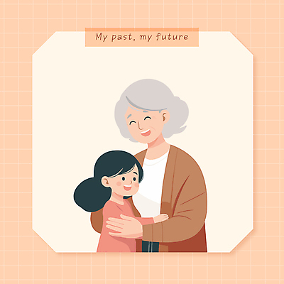 여자 노년 행복 할머니 어린이 일러스트 가족 포옹 손녀 사랑 미소 웃음 소녀 상반신 두명 평화 주황색 격자 국내일러스트 AI파일 감정 컬러 컨셉 무늬 관계 안기 표정 사람 성인 손주 파일형식 벡터