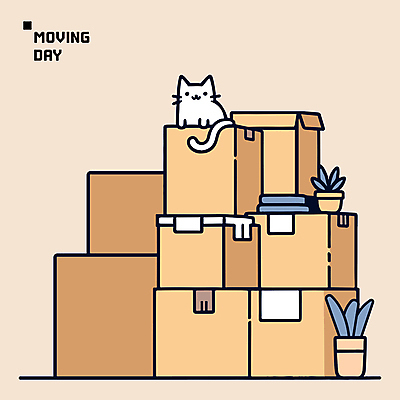 한마리 화분 일러스트 포장 새출발 사람없음 상자 쌓기 고양이 이사 정리 이삿짐 베이지색 국내일러스트 AI파일 1 컬러 포유류 모션 새로움 반려동물 출발 파일형식 벡터