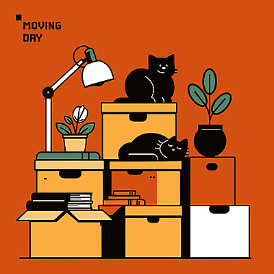 화분 두마리 일러스트 포장 새출발 사람없음 책 상자 쌓기 주황색 고양이 스탠드 이사 정리 이삿짐 국내일러스트 AI파일 컬러 2 포유류 모션 조명 새로움 반려동물 출발 파일형식 벡터