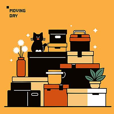 한마리 화분 일러스트 포장 새출발 사람없음 상자 노란색 쌓기 검은색 고양이 이사 정리 이삿짐 국내일러스트 AI파일 1 컬러 포유류 모션 새로움 반려동물 출발 파일형식 벡터