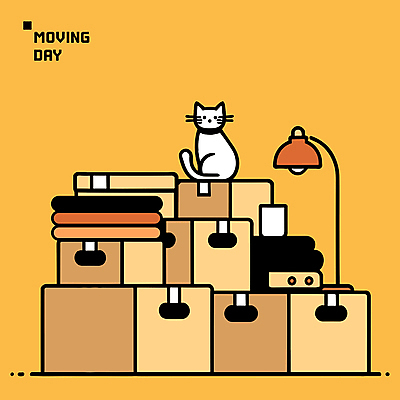 한마리 일러스트 포장 새출발 사람없음 상자 노란색 쌓기 고양이 스탠드 이사 정리 이삿짐 국내일러스트 AI파일 1 컬러 포유류 모션 조명 새로움 반려동물 출발 파일형식 벡터