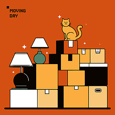 한마리 일러스트 포장 새출발 사람없음 상자 쌓기 주황색 고양이 스탠드 이사 정리 이삿짐 국내일러스트 AI파일 1 컬러 포유류 모션 조명 새로움 반려동물 출발 파일형식 벡터