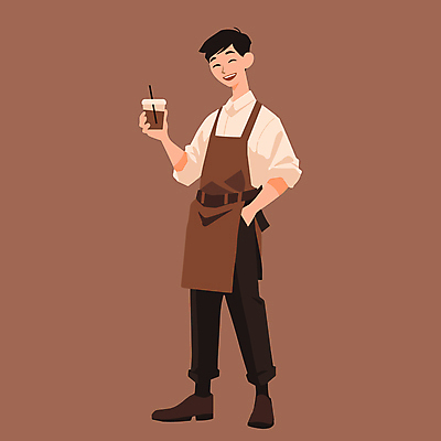 전신 남자 커피 유니폼 일러스트 친절 한명 웃음 들기 성인 갈색 앞치마 카페 주머니손 바리스타 테이크아웃컵 성인남자한명만 2025년 트렌드컬러 국내일러스트 모카무스 AI파일 직업 1 옷 음료 컬러 모션 표정 사람 컵 상점 연도 남자한명만 성인남자만 파일형식 벡터
