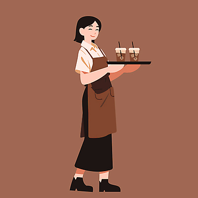 전신 여자 커피 유니폼 일러스트 친절 쟁반 한명 들기 성인 갈색 앞치마 카페 서비스 바리스타 테이크아웃컵 성인여자한명만 2025년 트렌드컬러 국내일러스트 모카무스 AI파일 직업 1 옷 음료 컬러 모션 사람 컵 상점 연도 여자한명만 성인여자만 파일형식 벡터