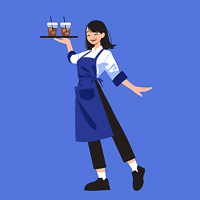 전신 여자 커피 유니폼 일러스트 친절 쟁반 한명 들기 성인 파란색 앞치마 카페 서비스 바리스타 테이크아웃컵 성인여자한명만 국내일러스트 AI파일 직업 1 옷 음료 컬러 모션 사람 컵 상점 여자한명만 성인여자만 파일형식 벡터