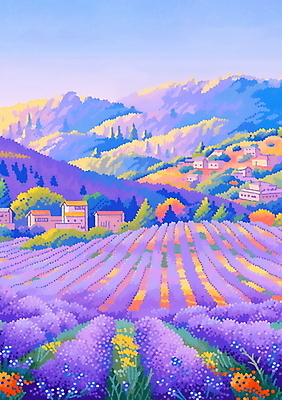 JPG 나무 구름 포스터 백그라운드 꽃밭 일러스트 자연 하늘 산 주택 풍경 사람없음 여름 마을 보라색 분위기 라벤더 라벤더축제 국내일러스트 AI일러스트 AI콘텐츠 자연요소 식물 계절 꽃 컬러 컨셉 건물 축제 허브 생태계 꽃축제 파일형식