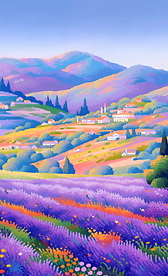 JPG 나무 구름 포스터 백그라운드 꽃밭 일러스트 자연 하늘 산 주택 풍경 사람없음 여름 마을 보라색 분위기 라벤더 라벤더축제 국내일러스트 AI일러스트 AI콘텐츠 자연요소 식물 계절 꽃 컬러 컨셉 건물 축제 허브 생태계 꽃축제 파일형식