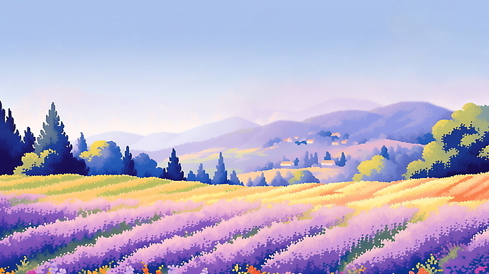 JPG 나무 구름 백그라운드 꽃밭 일러스트 자연 하늘 산 주택 풍경 사람없음 여름 마을 보라색 분위기 라벤더 라벤더축제 국내일러스트 AI일러스트 AI콘텐츠 자연요소 식물 계절 꽃 컬러 컨셉 건물 축제 허브 생태계 꽃축제 파일형식