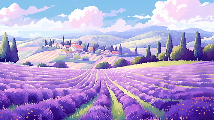 JPG 나무 구름 백그라운드 꽃밭 일러스트 자연 하늘 산 주택 풍경 사람없음 여름 마을 보라색 분위기 라벤더 라벤더축제 국내일러스트 AI일러스트 AI콘텐츠 자연요소 식물 계절 꽃 컬러 컨셉 건물 축제 허브 생태계 꽃축제 파일형식
