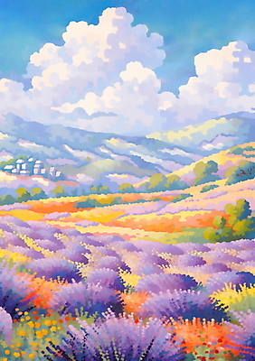 JPG 나무 구름 포스터 백그라운드 꽃밭 일러스트 자연 하늘 산 주택 풍경 사람없음 여름 마을 보라색 분위기 라벤더 라벤더축제 국내일러스트 AI일러스트 AI콘텐츠 자연요소 식물 계절 꽃 컬러 컨셉 건물 축제 허브 생태계 꽃축제 파일형식