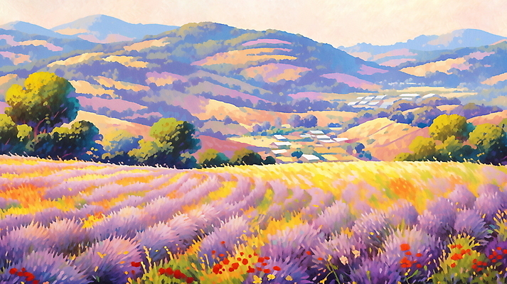 JPG 나무 구름 백그라운드 꽃밭 일러스트 자연 하늘 산 주택 풍경 사람없음 여름 마을 보라색 분위기 라벤더 라벤더축제 국내일러스트 AI일러스트 AI콘텐츠 자연요소 식물 계절 꽃 컬러 컨셉 건물 축제 허브 생태계 꽃축제 파일형식