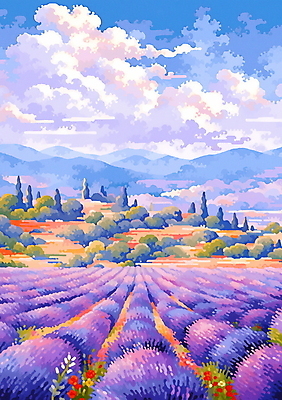 JPG 나무 구름 포스터 백그라운드 꽃밭 일러스트 자연 하늘 산 풍경 사람없음 여름 보라색 분위기 라벤더 라벤더축제 국내일러스트 AI일러스트 AI콘텐츠 자연요소 식물 계절 꽃 컬러 컨셉 축제 허브 생태계 꽃축제 파일형식