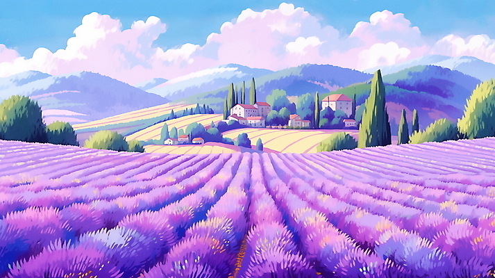 JPG 나무 구름 백그라운드 꽃밭 일러스트 자연 하늘 산 주택 풍경 사람없음 여름 마을 보라색 분위기 라벤더 라벤더축제 국내일러스트 AI일러스트 AI콘텐츠 자연요소 식물 계절 꽃 컬러 컨셉 건물 축제 허브 생태계 꽃축제 파일형식