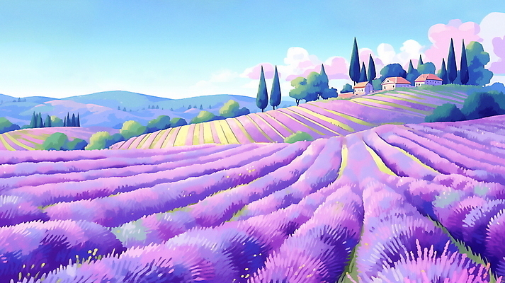 JPG 나무 구름 백그라운드 꽃밭 일러스트 자연 하늘 산 주택 풍경 사람없음 여름 마을 보라색 분위기 라벤더 라벤더축제 국내일러스트 AI일러스트 AI콘텐츠 자연요소 식물 계절 꽃 컬러 컨셉 건물 축제 허브 생태계 꽃축제 파일형식
