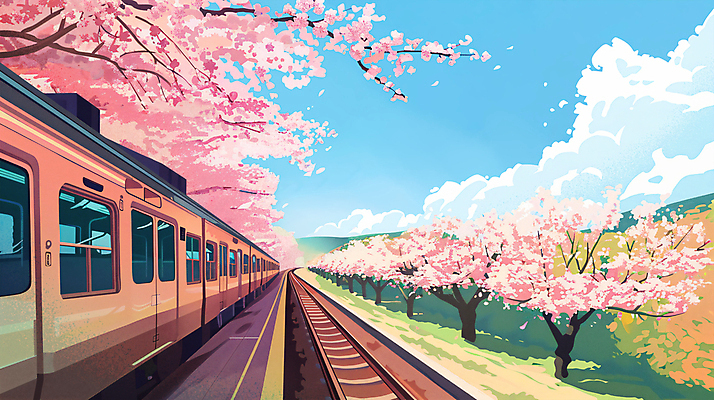 PSD 구름 일러스트 하늘 풍경 사람없음 봄풍경 봄 기찻길 기차 벚꽃 벚나무 기차여행 봄여행 봄배경 국내일러스트 자연요소 나무 계절 꽃 육상교통 여행 백그라운드 대중교통 파일형식