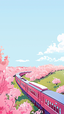 PSD 구름 일러스트 하늘 풍경 사람없음 봄풍경 봄 기찻길 기차 벚꽃 벚나무 기차여행 봄여행 봄배경 국내일러스트 자연요소 나무 계절 꽃 육상교통 여행 백그라운드 대중교통 파일형식