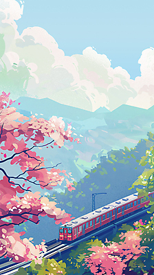 PSD 구름 일러스트 하늘 산 풍경 사람없음 봄풍경 봄 기찻길 기차 벚꽃 벚나무 기차여행 봄여행 봄배경 국내일러스트 자연요소 나무 계절 꽃 육상교통 여행 백그라운드 대중교통 파일형식