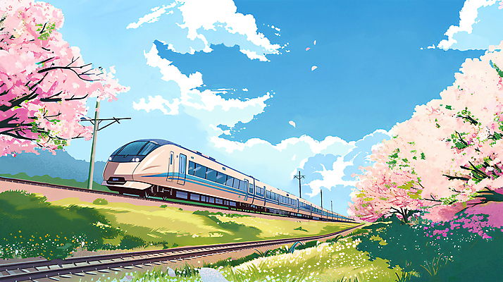PSD 구름 일러스트 하늘 풍경 사람없음 봄풍경 봄 기찻길 기차 벚꽃 벚나무 기차여행 봄여행 봄배경 국내일러스트 자연요소 나무 계절 꽃 육상교통 여행 백그라운드 대중교통 파일형식