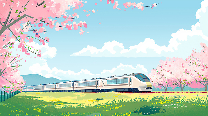 PSD 구름 일러스트 하늘 풍경 사람없음 봄풍경 봄 기찻길 기차 벚꽃 벚나무 기차여행 봄여행 봄배경 국내일러스트 자연요소 나무 계절 꽃 육상교통 여행 백그라운드 대중교통 파일형식